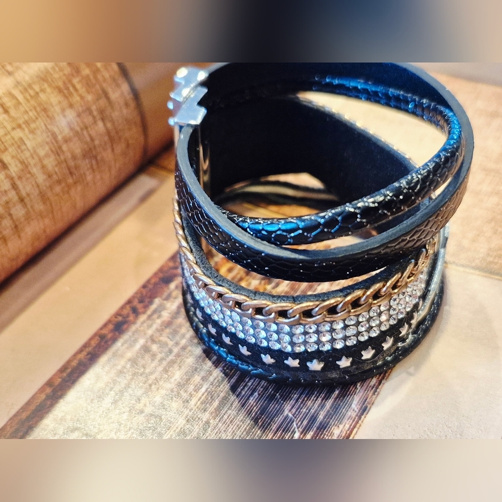 Black Gold And Silver Multi-Layer Cuff  Bracelet